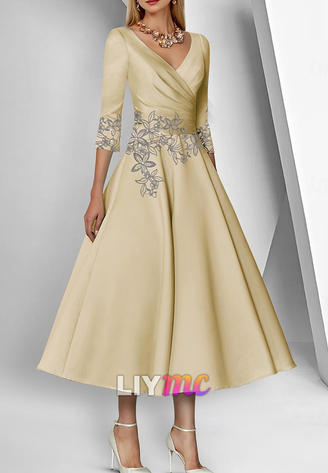 Mother of the Bride Dress Elegant Simple V Neck Ankle Length Tea Length Satin 3_4 Length Sleeve