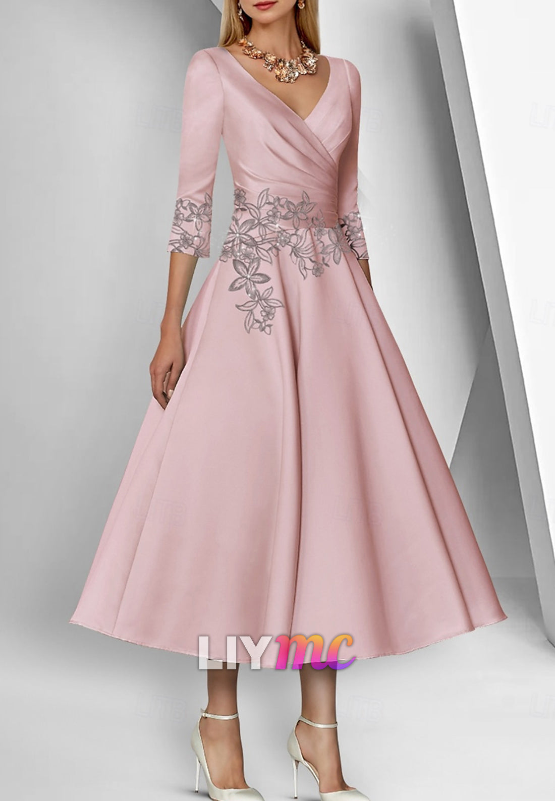 Mother of the Bride Dress Elegant Simple V Neck Ankle Length Tea Length Satin 3_4 Length Sleeve