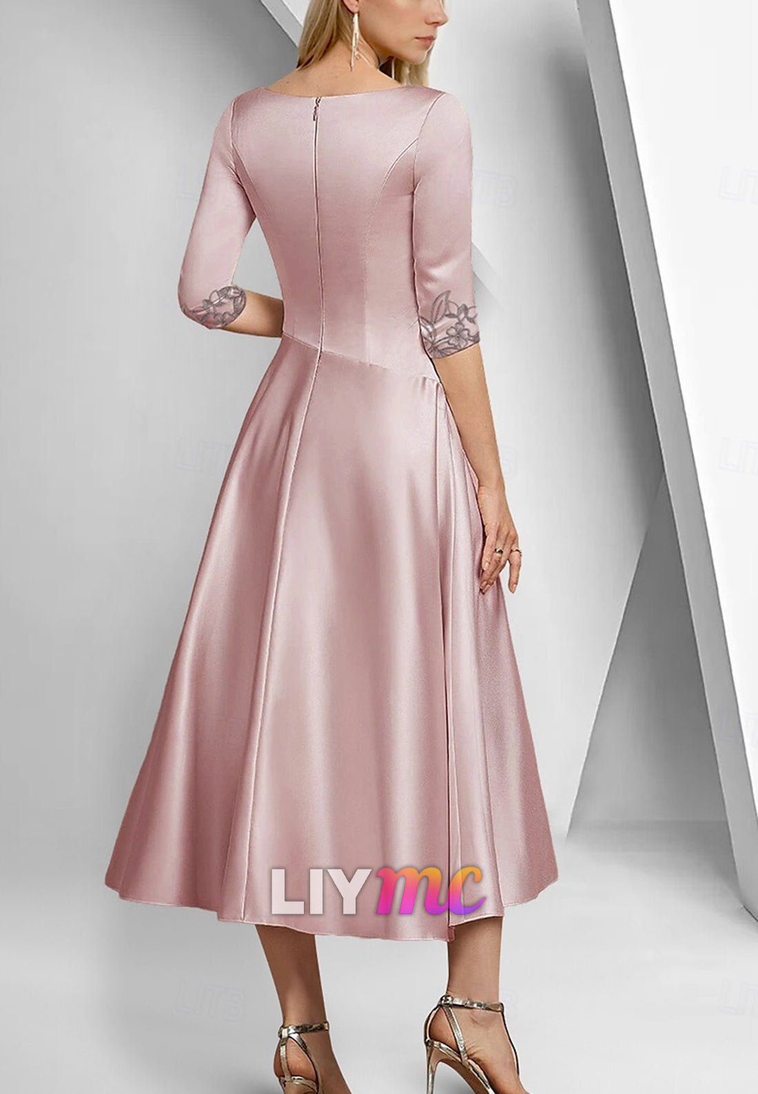 Mother of the Bride Dress Elegant Simple V Neck Ankle Length Tea Length Satin 3_4 Length Sleeve