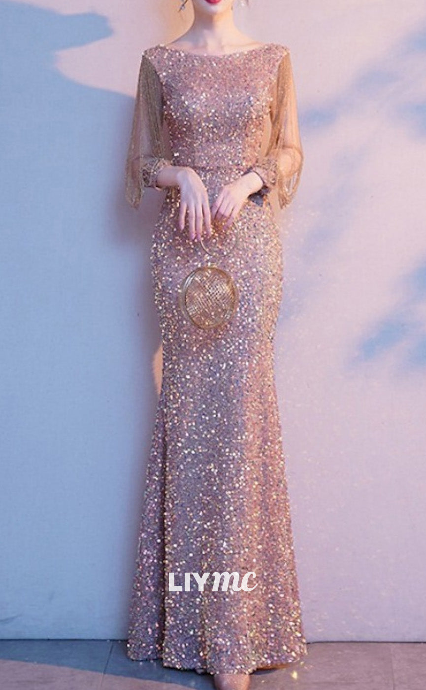 M1094 - Mother of the Bride Dress Elegant Sparkle & Shine Petite Jewel Neck Floor Length Sequined 34 Length Sleeve