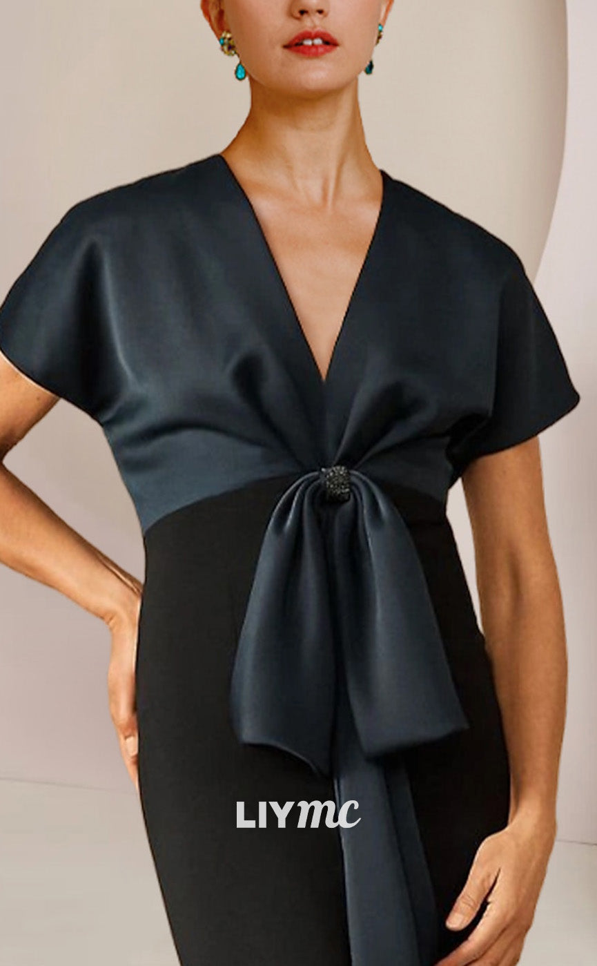 M1034 - Mother of the Bride Dress Formal Floor Length Satin Short Sleeve with Bow