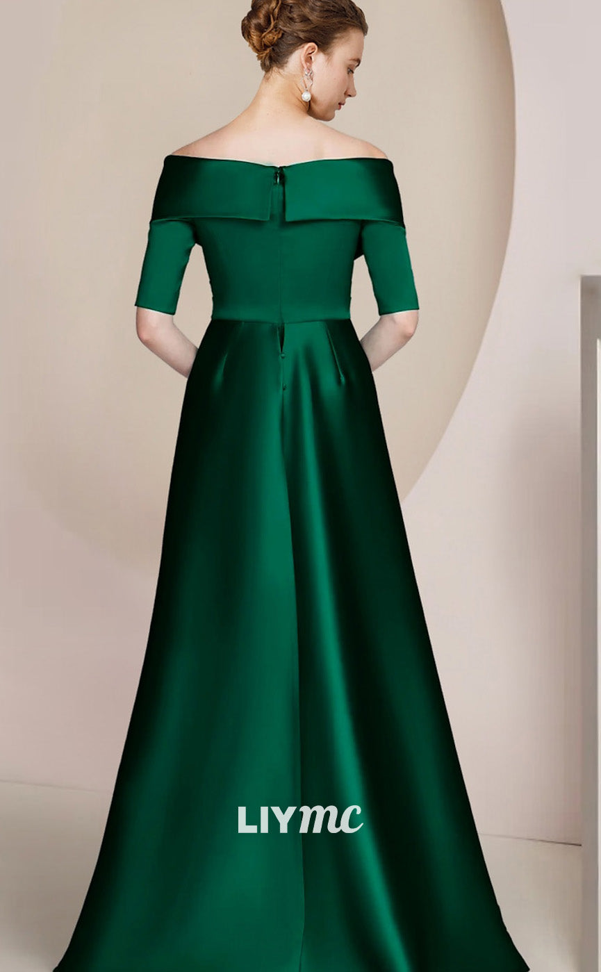M1044 - Mother of the Bride Dress Formal Wedding Guest Elegant Party Off Shoulder Floor Length Satin Half Sleeve with Ruching