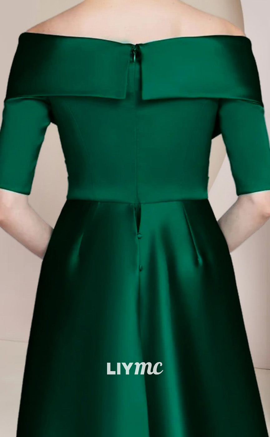 M1044 - Mother of the Bride Dress Formal Wedding Guest Elegant Party Off Shoulder Floor Length Satin Half Sleeve with Ruching