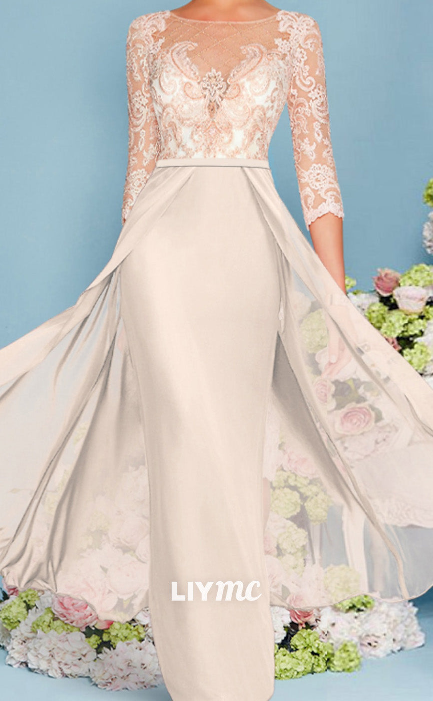 M1042 - Mother of the Bride Dress Scoop Neck Floor Length Chiffon Lace 34 Length Sleeve with Beading Appliques