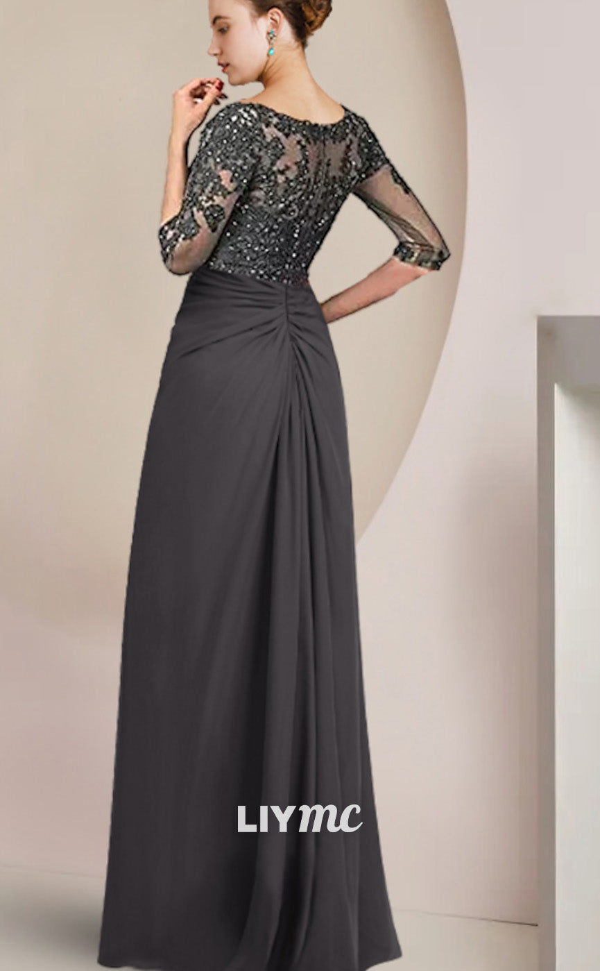 M1090 - Mother of the Bride Dress Square Floor Length Chiffon Lace 34 Length Sleeve with Sequin Appliques Ruching