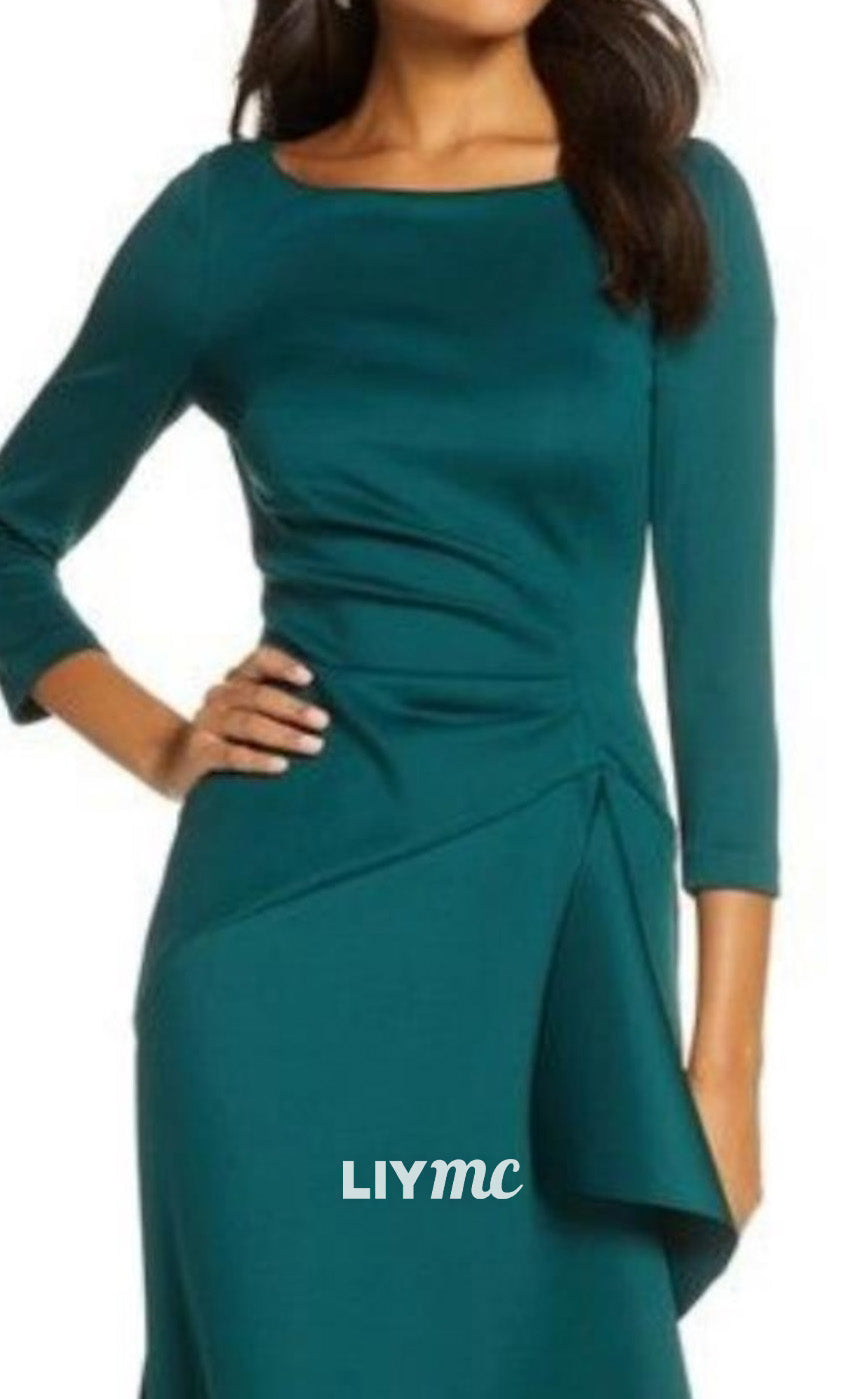 M1046 - Mother of the Bride Dress Wedding Guest Elegant Party Scoop Neck Ankle Length Satin Lace 34 Length Sleeve