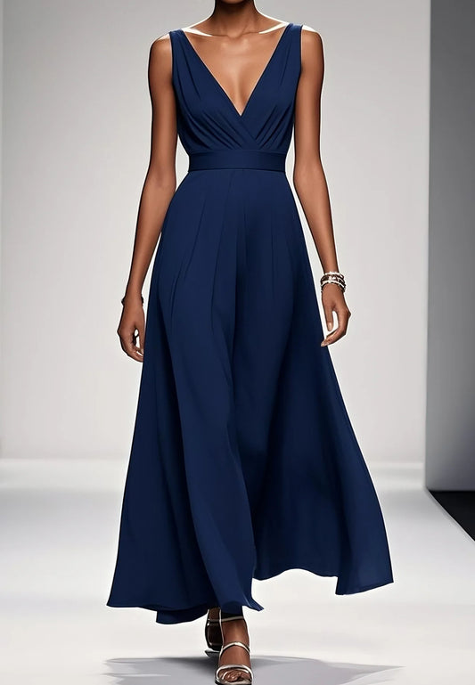 Navy Blue Classic V Neck Sleeveless A-Line Maxi Dress