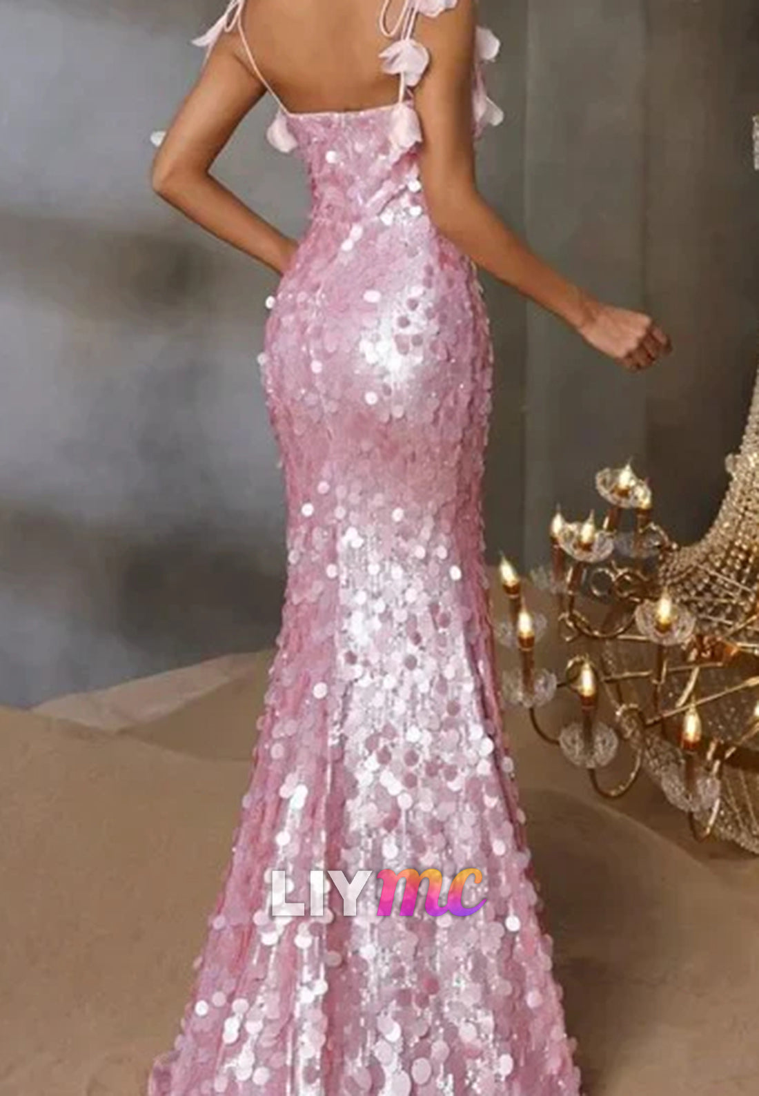 Sparkly Spaghetti Straps Pink Sequin Mermaid Slit Evening Dress Long Birthday Party Dress