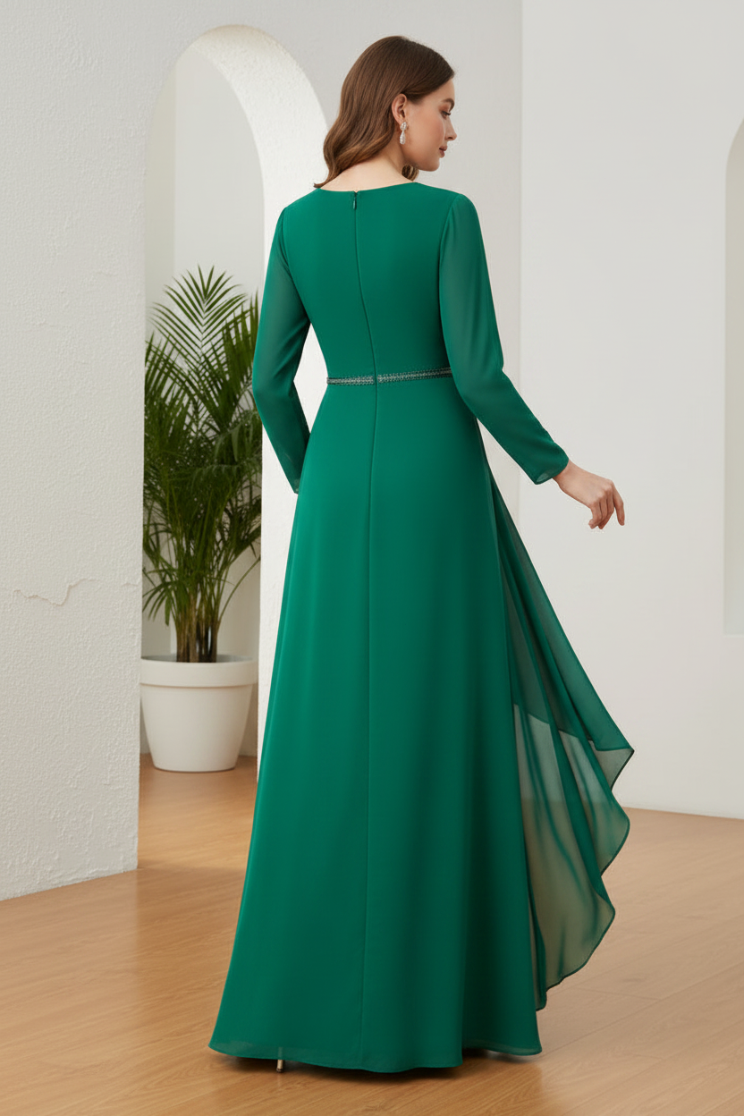 Asymmetrical Long Sleeves Dress with Pleated Bodice