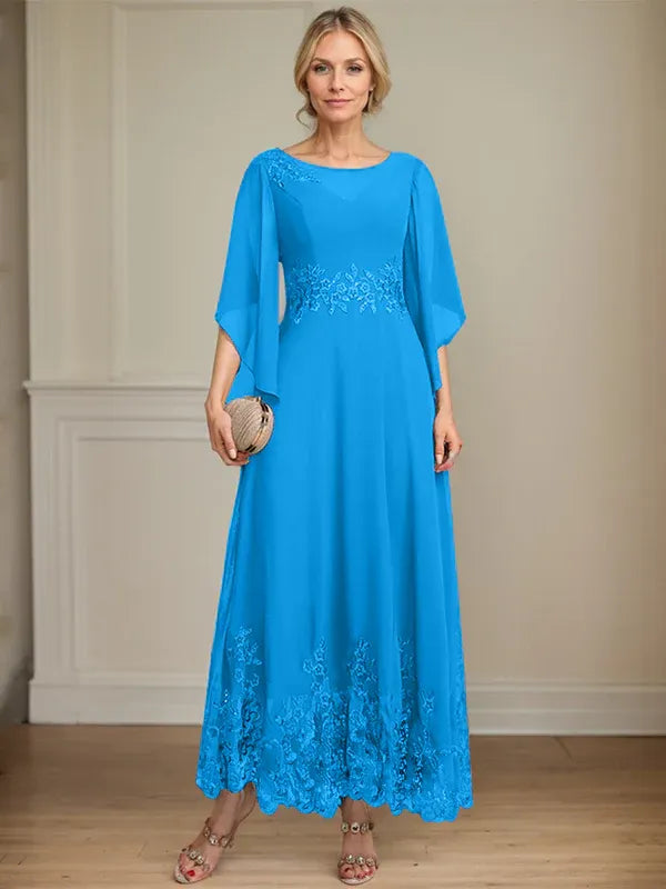 A-line Scoop Illusion Ankle-Length Lace Chiffon Mother of the Bride Dress With Sequins