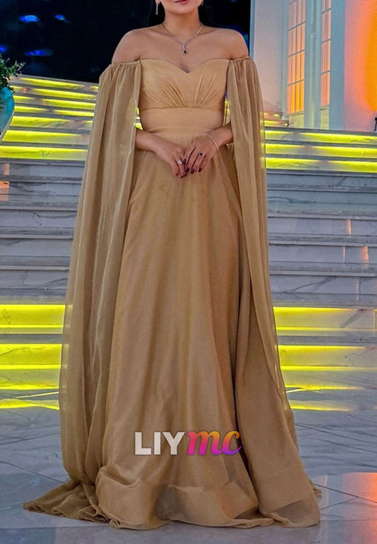 Of-Shoulder Empire Waist Long Sleeves A-Line Evening Dress