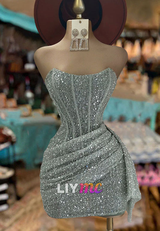 Off-SHoulder Pleated Sequins Pleated Sheath Party Homecoming Dress