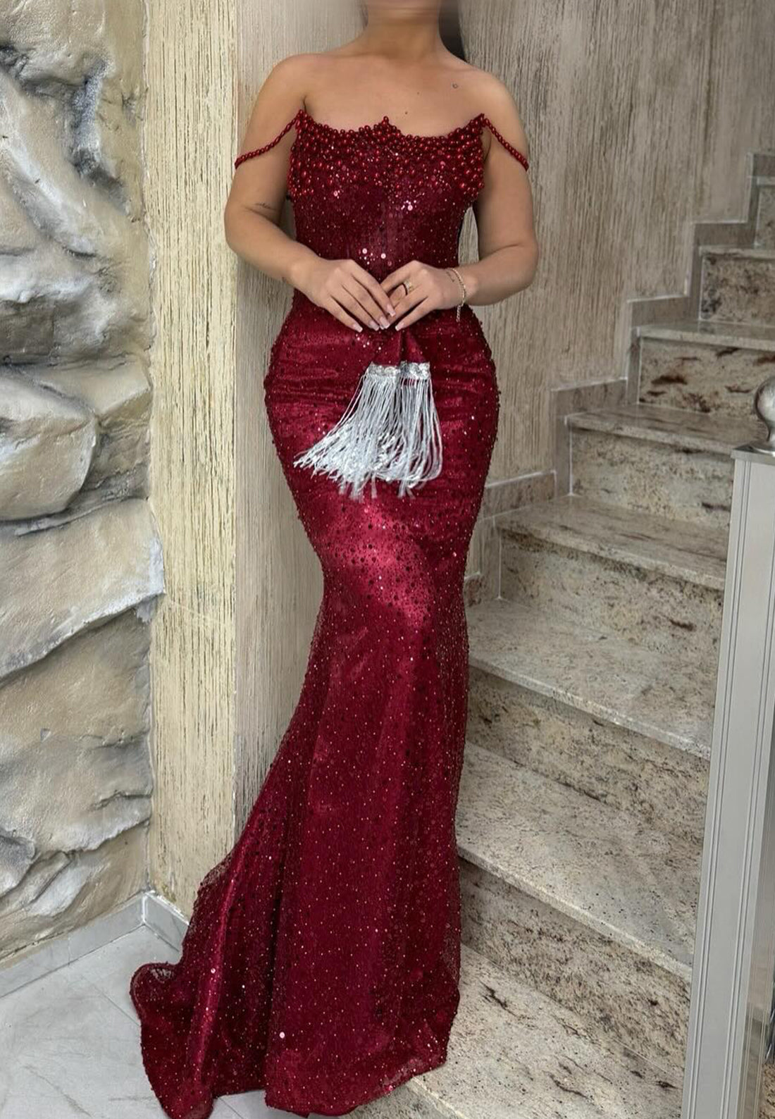 Off-Shoulder Beaded Pearl Sparkly Mermaid Prom Dress