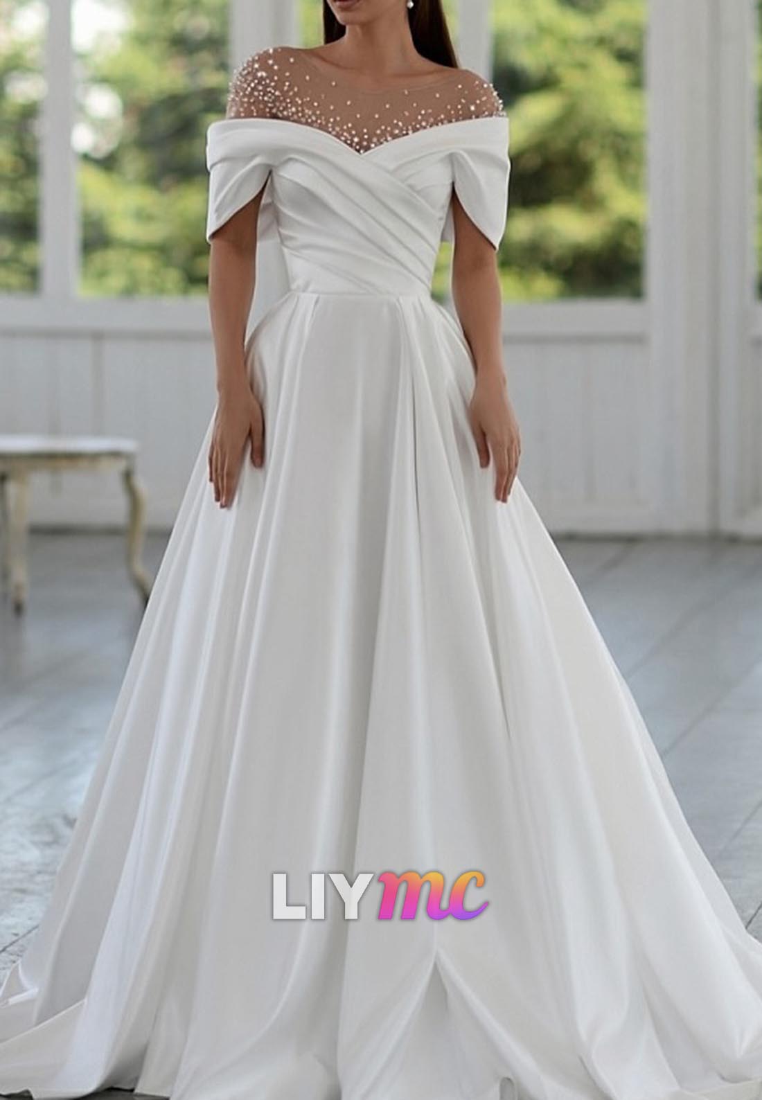 Off-Shoulder Beaded Pleated A-Line Wedding Dress