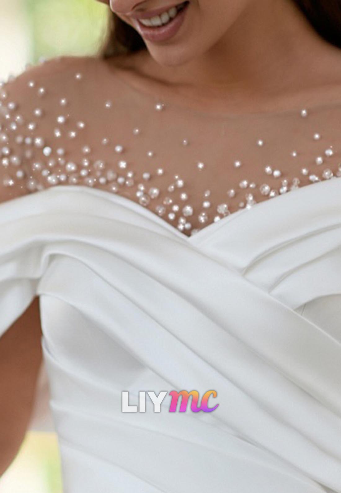 Off-Shoulder Beaded Pleated A-Line Wedding Dress