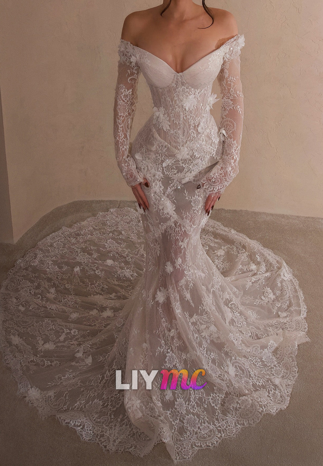 Off-Shoulder 3D Floral Lace Appliques Mermaid Summer Wedding Dress