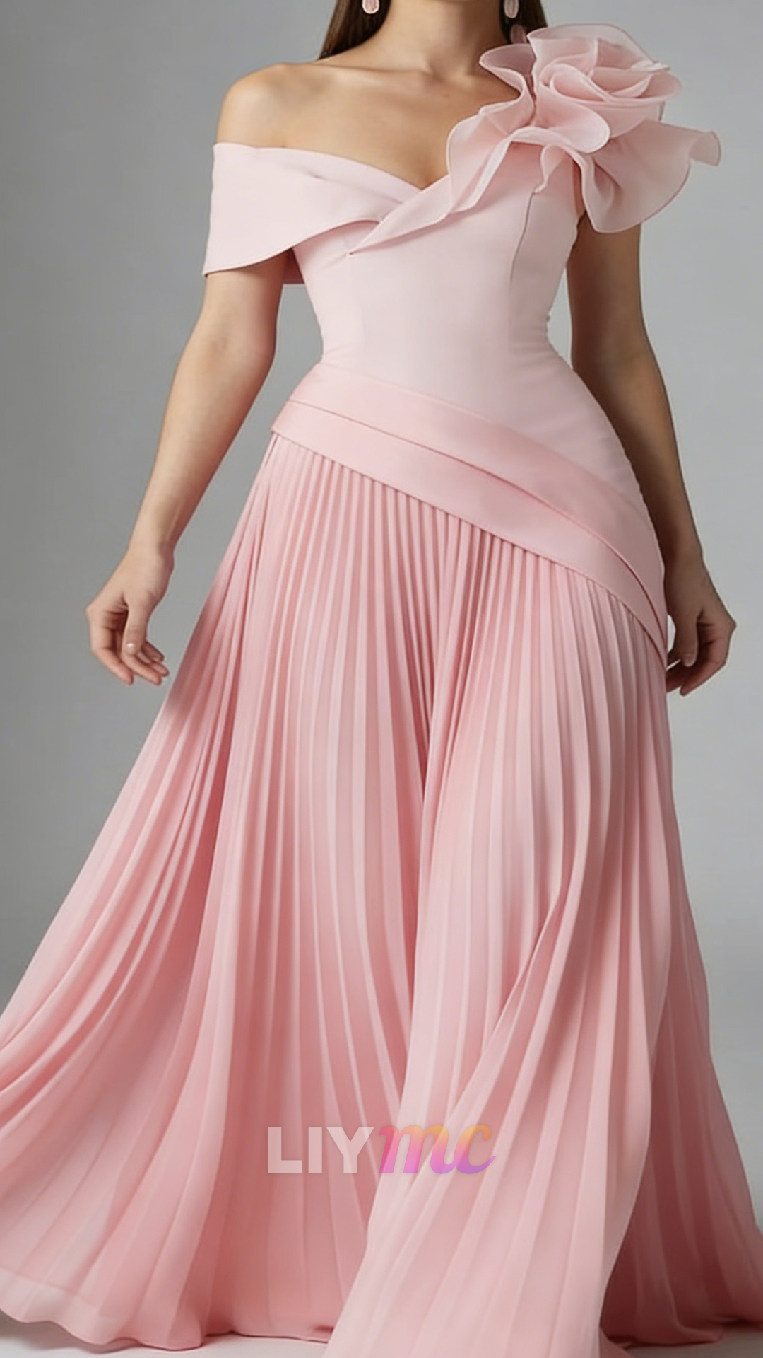 Off-Shoulder 3D Floral Pleated A-Line Evening Dress