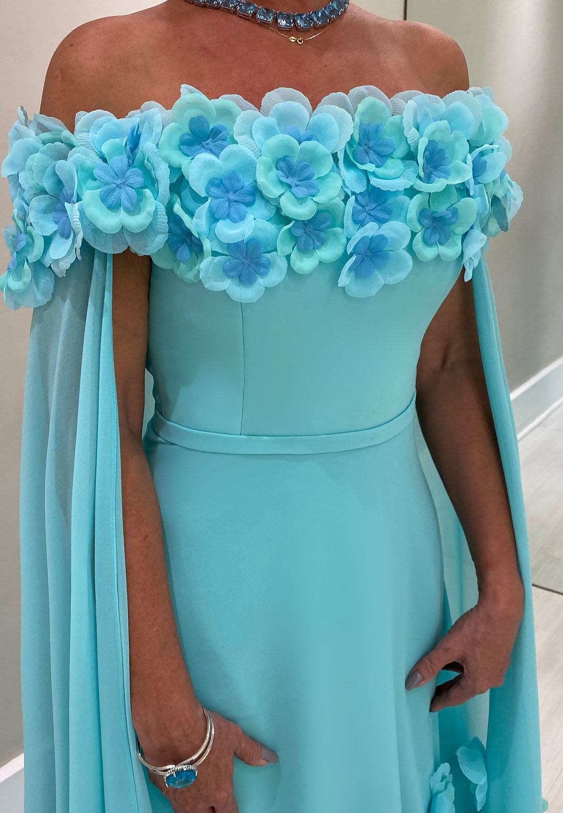 Off-Shoulder 3D Floral Pleated Chiffon A-Line Mother of Bride Dress