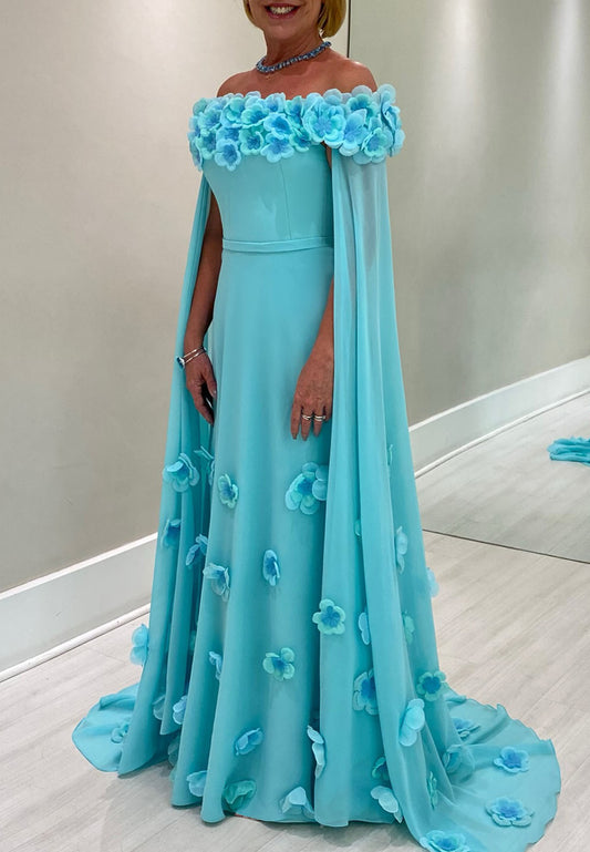 Off-Shoulder 3D Floral Pleated Chiffon A-Line Mother of Bride Dress