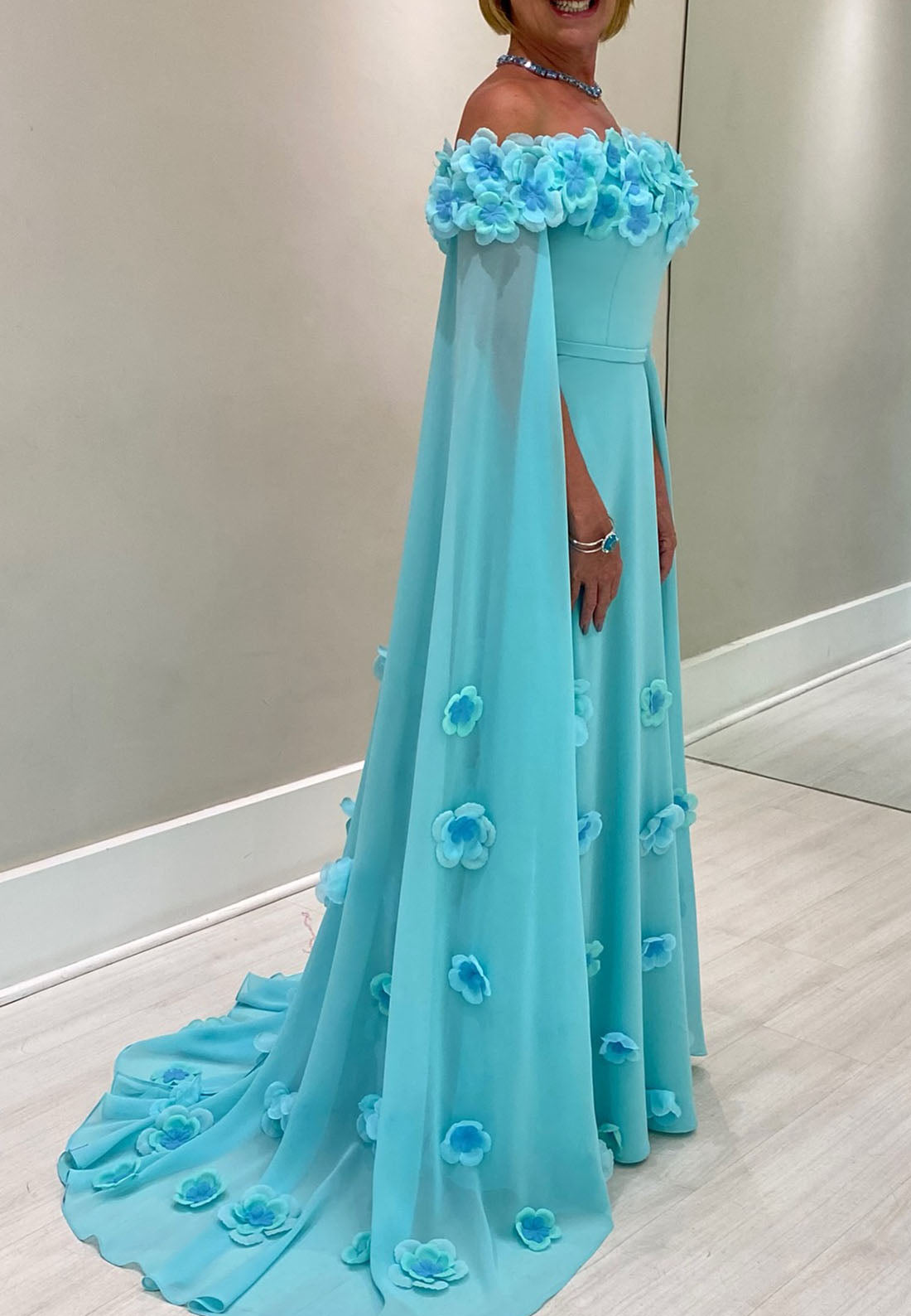 Off-Shoulder 3D Floral Pleated Chiffon A-Line Mother of Bride Dress