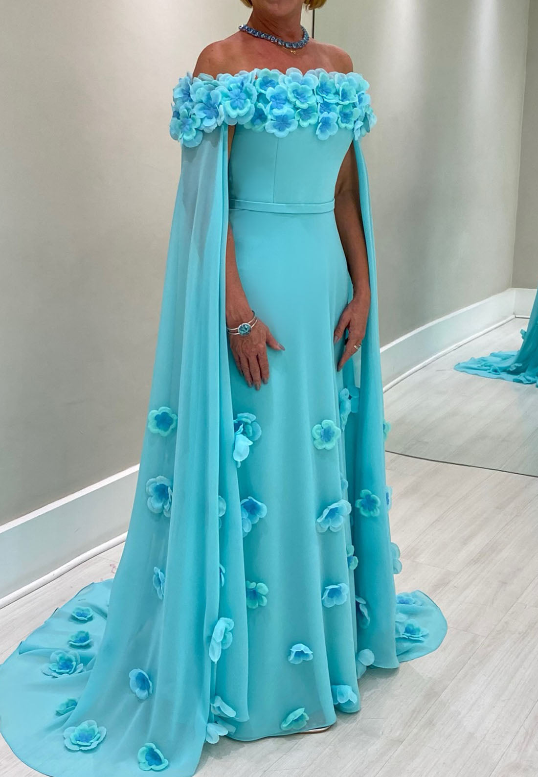 Off-Shoulder 3D Floral Pleated Chiffon A-Line Mother of Bride Dress