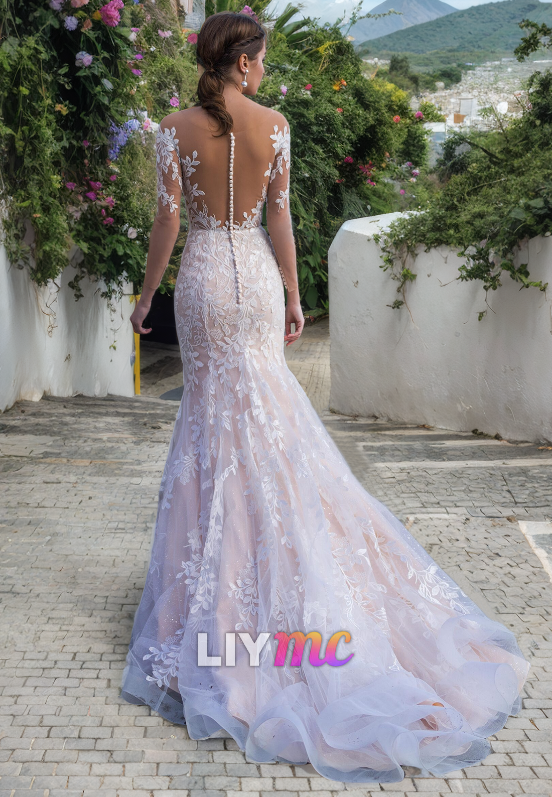 LW325 - Illusion Neckline Long Sleeves Lace Mermaid Wedding Dress