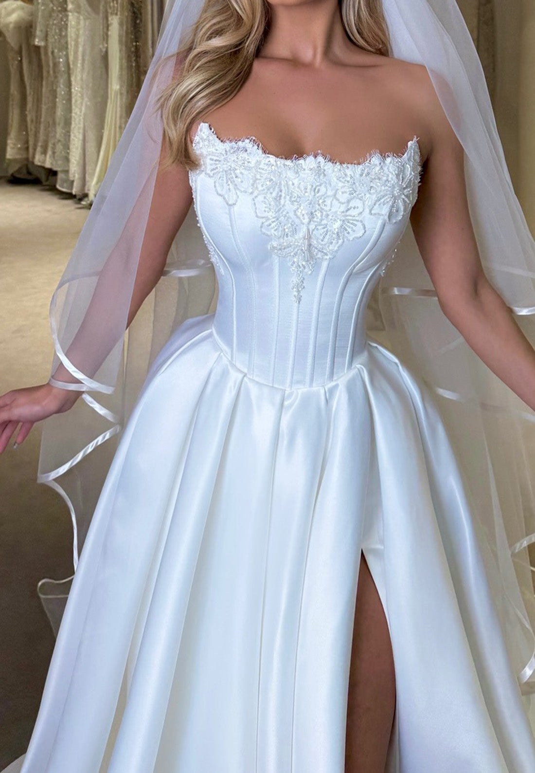 Off-Shoulder Appliques Pleated A-Line Wedding Dress
