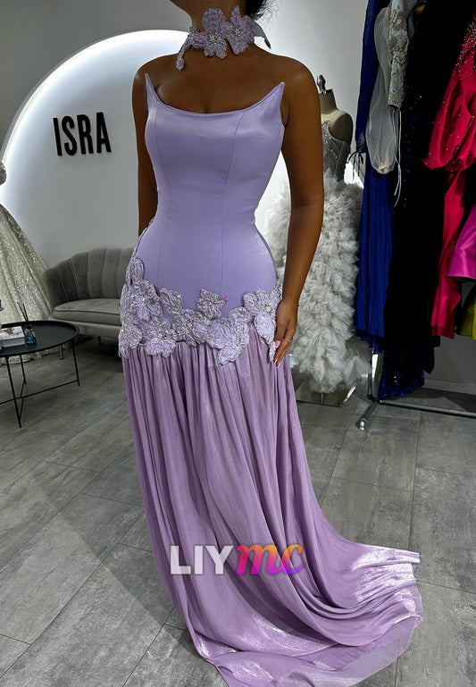 Off-Shoulder Appliques Pleated Lilac A-Line Prom Dress