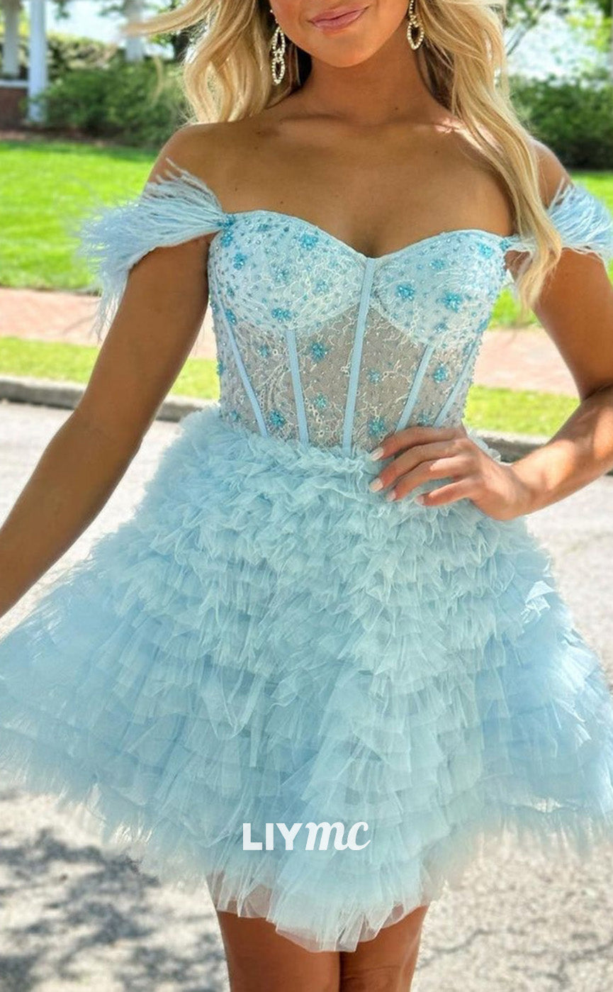 LY314 - Off-Shoulder Appliques Tulle A-Line Short Homecoming Dress