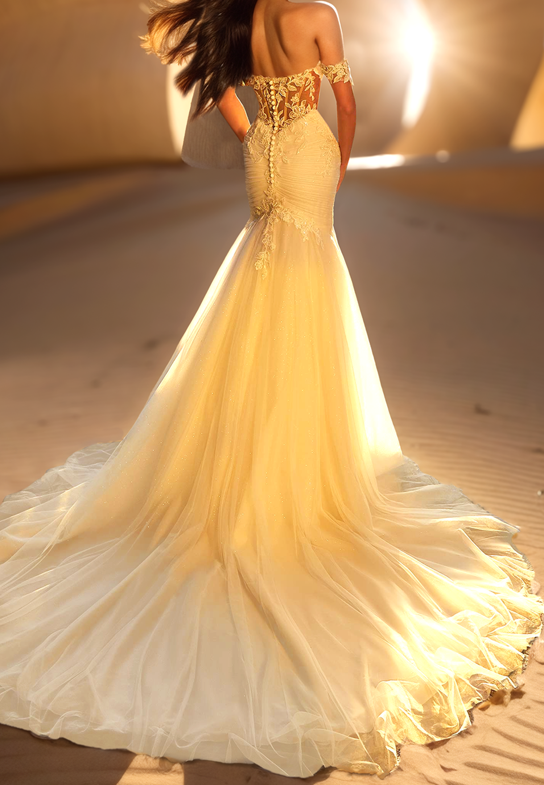 Off-Shoulder Appliques Tulle Pleated Mermaid Wedding Dress