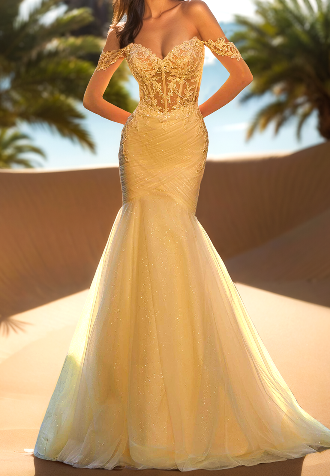 Off-Shoulder Appliques Tulle Pleated Mermaid Wedding Dress