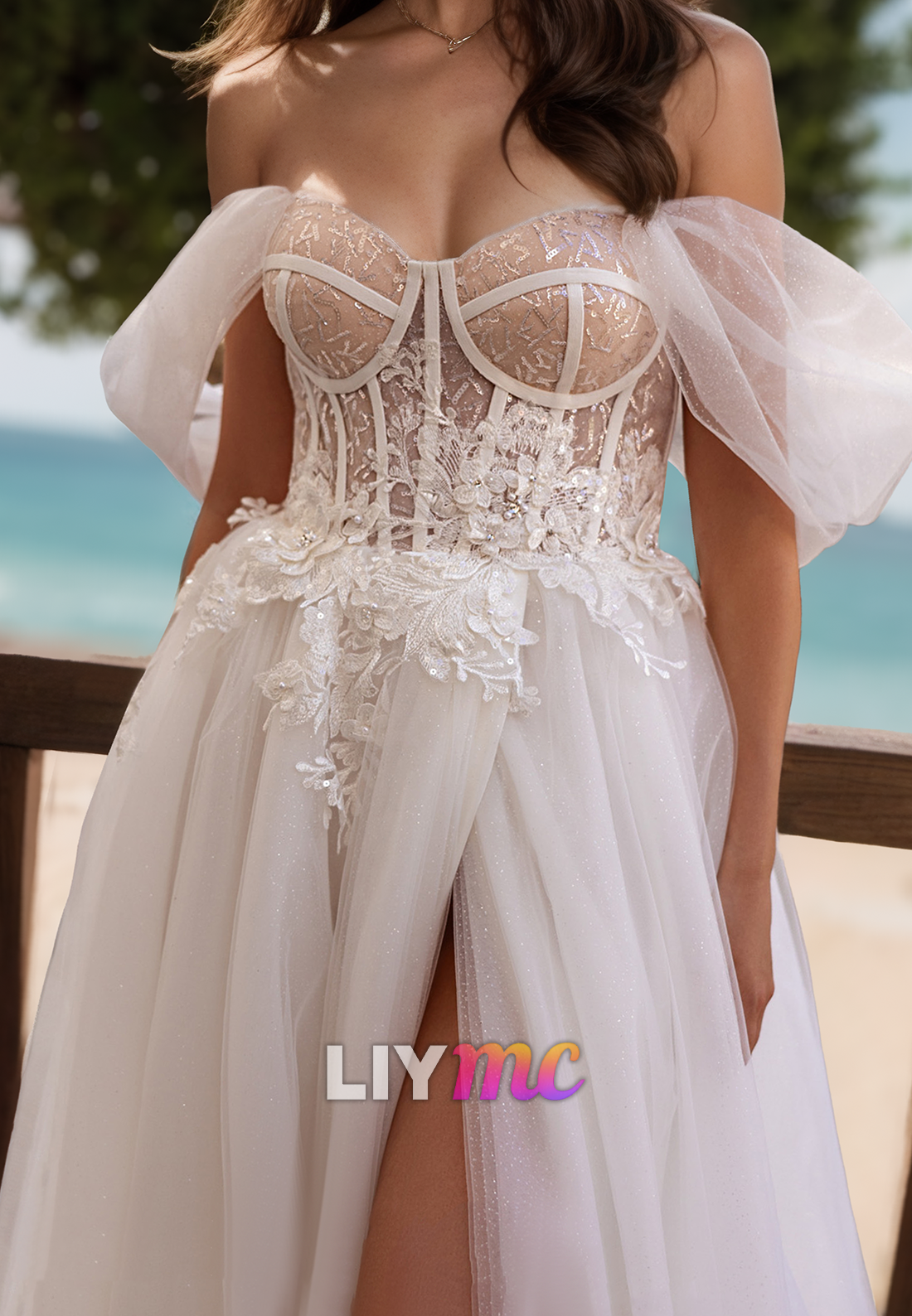 Off-Shoulder Appliques Tulle Side Slit A-Line Wedding Dress