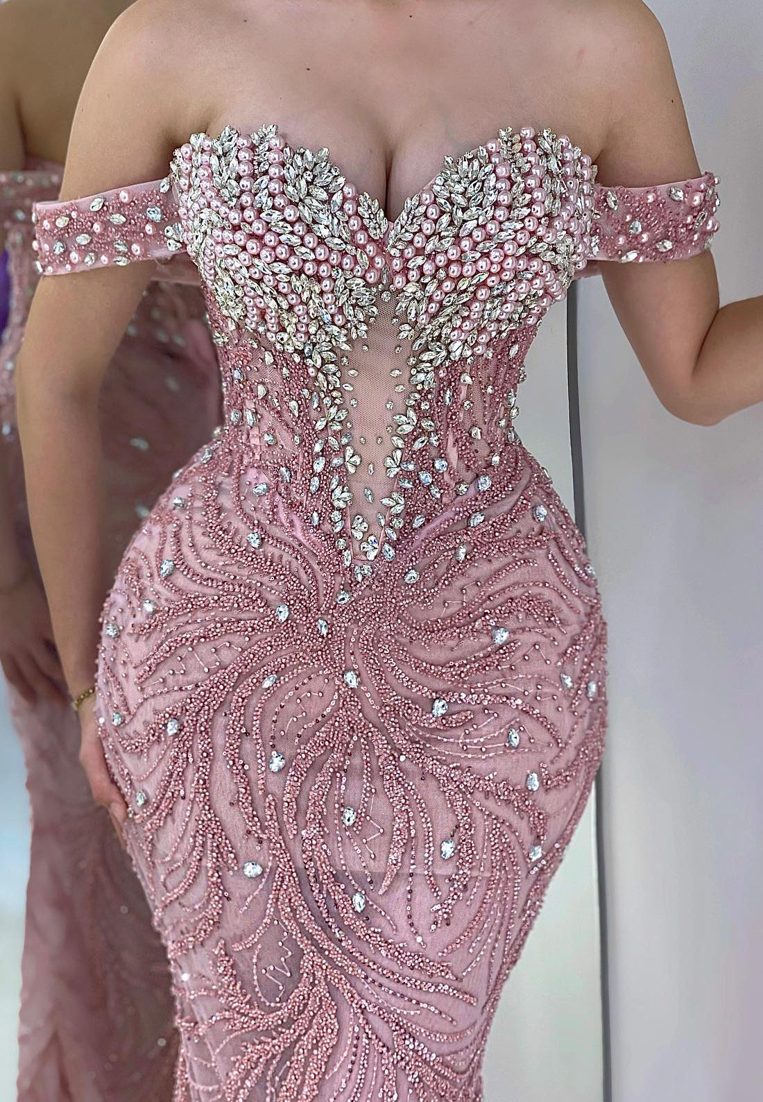 Off-Shoulder Beaded Emboridery Mermaid Beaded Evening Dress