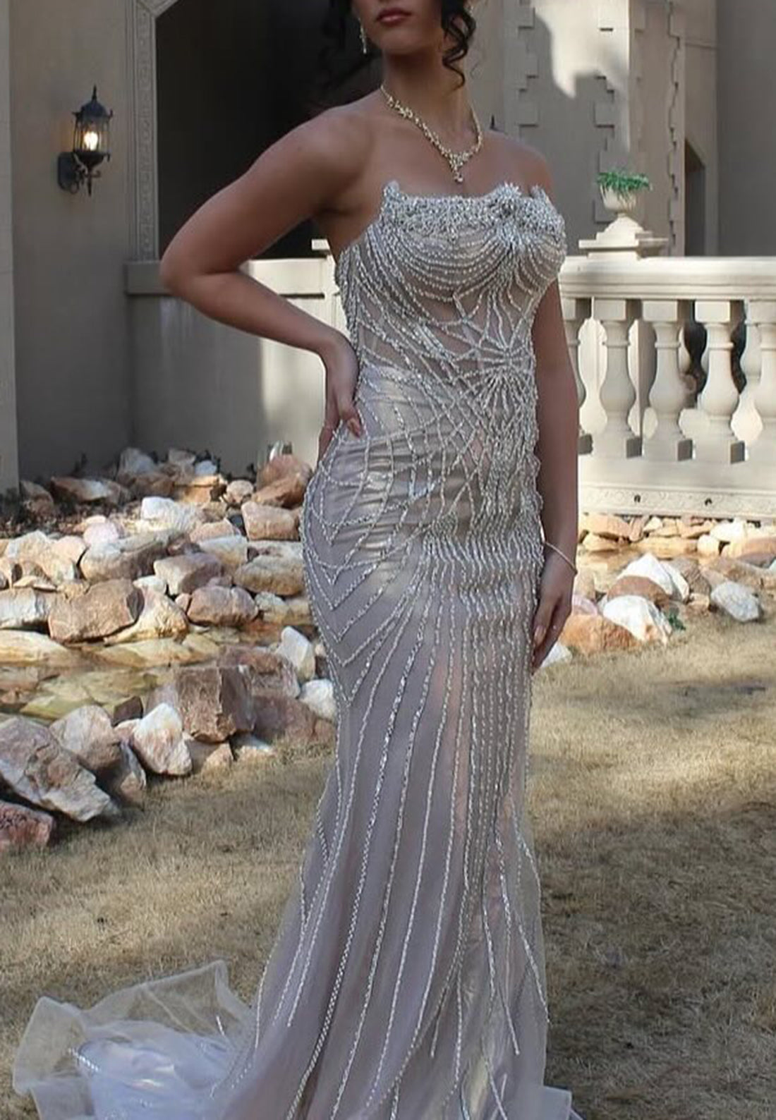 Off-Shoulder Beaded Emboridery Mermaid Sparkly Prom Dress