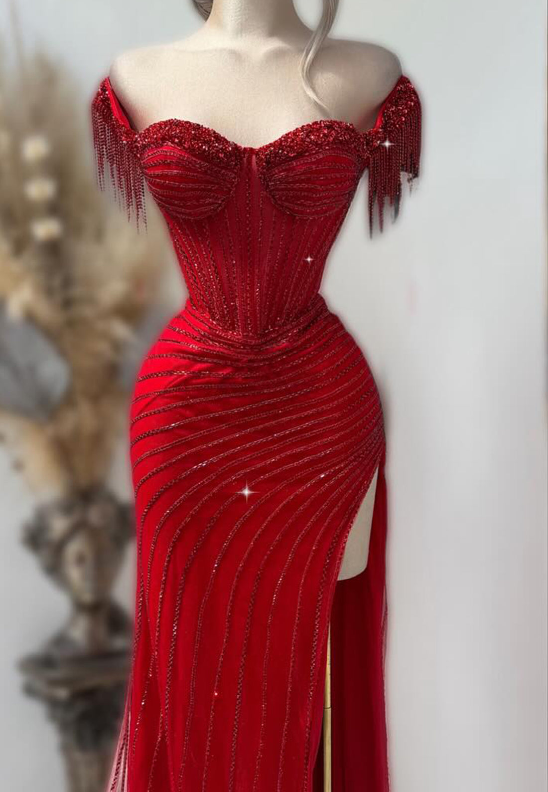 Off-Shoulder Beaded Emboridery Side Slit Sheath Prom Dress