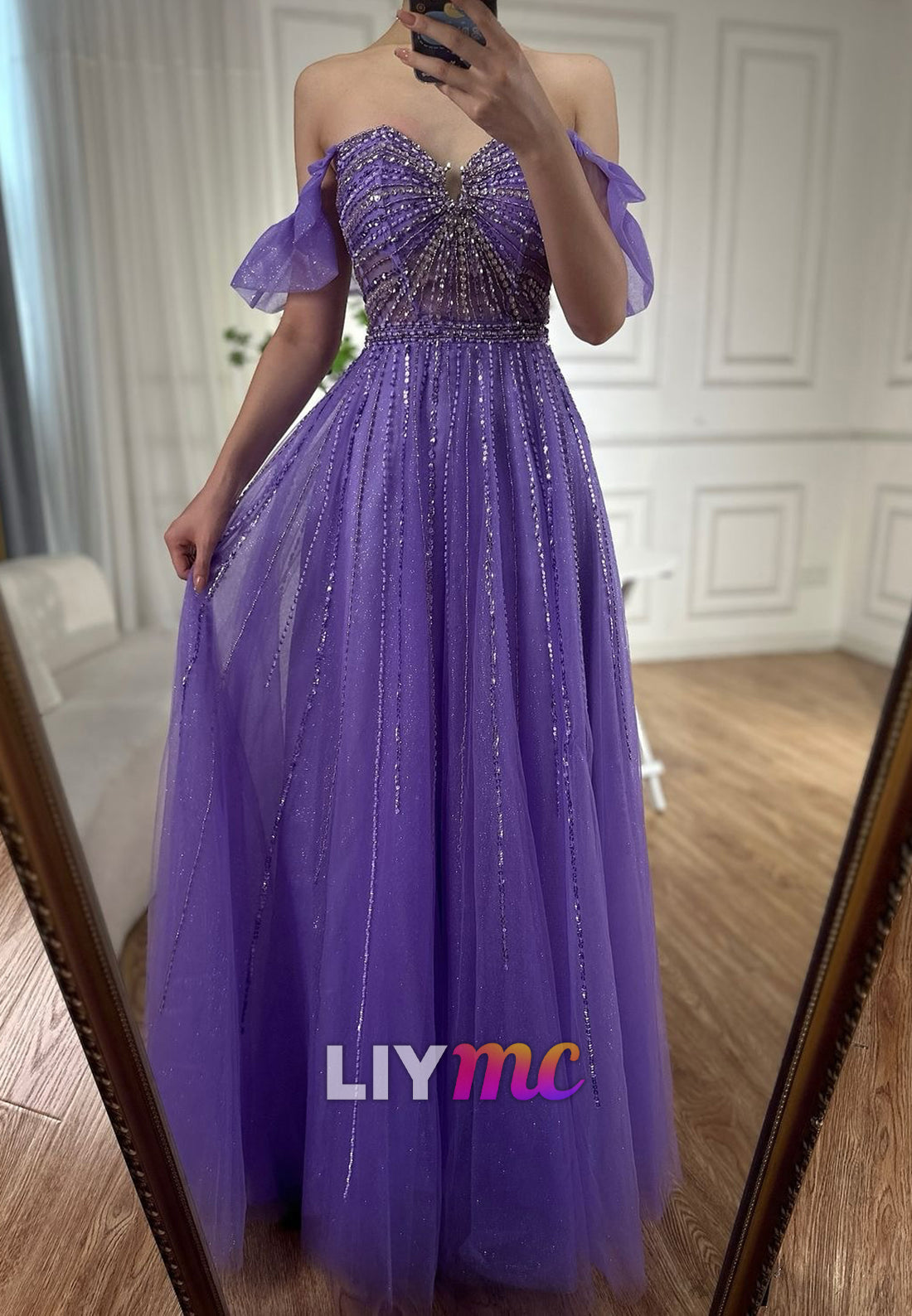 Off-Shoulder Beaded Embroidery Sparkly A-Line Prom Dress