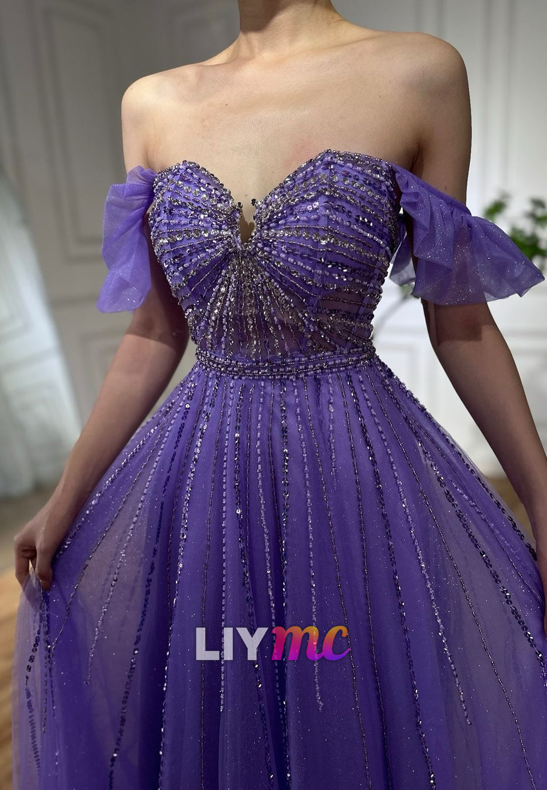 Off-Shoulder Beaded Embroidery Sparkly A-Line Prom Dress