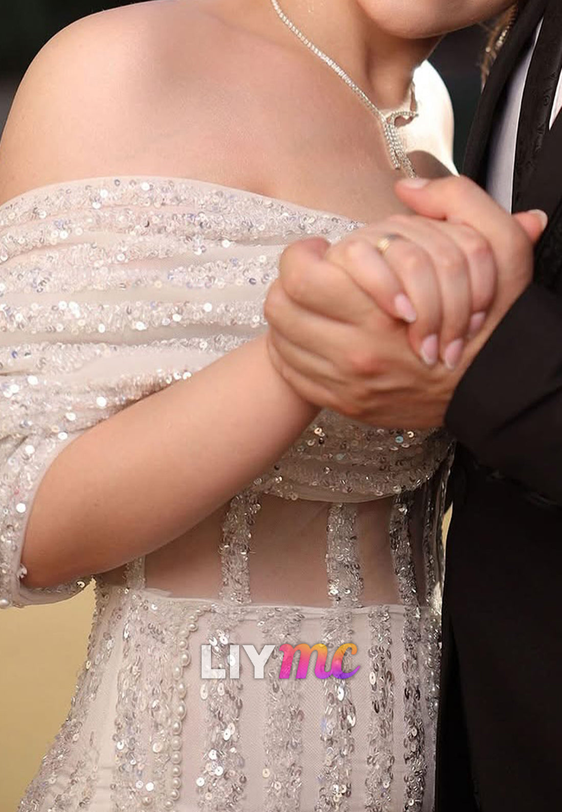Off-Shoulder Beaded Embroidery Sparkly Mermaid Wedding Dress