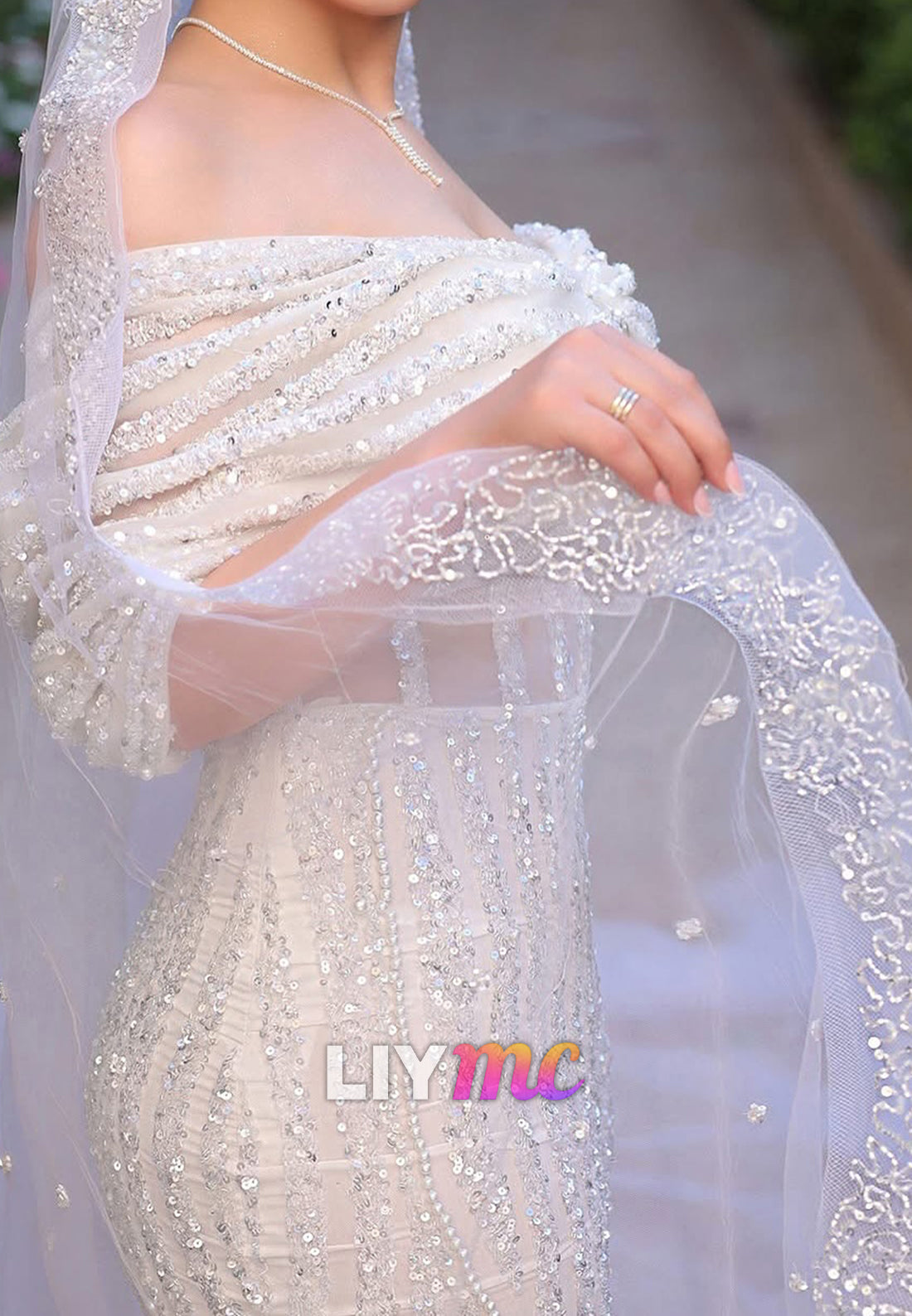 Off-Shoulder Beaded Embroidery Sparkly Mermaid Wedding Dress