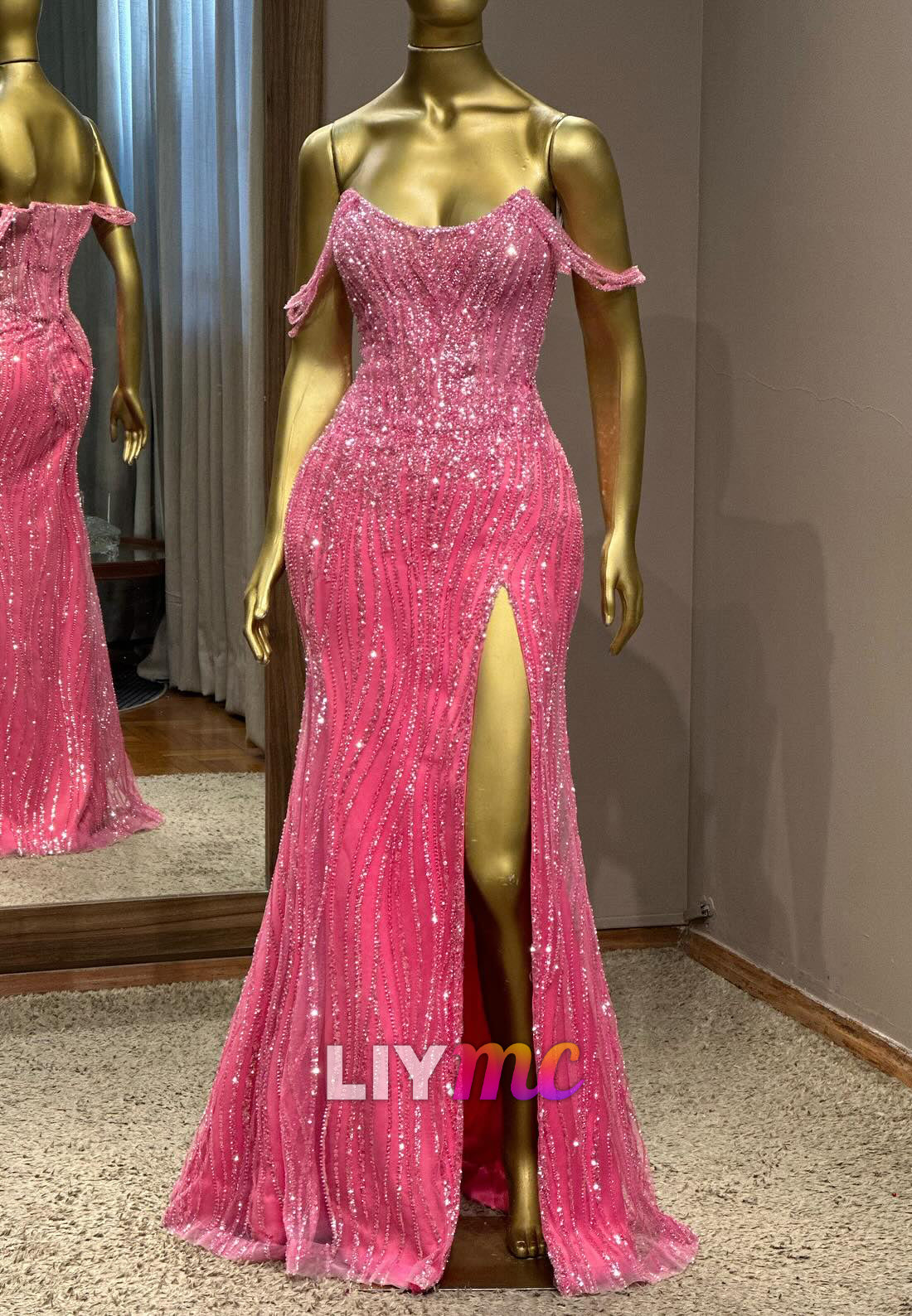 Off-Shoulder Beaded Embroidery Sparkly Sleeveless Sheath Prom Dress