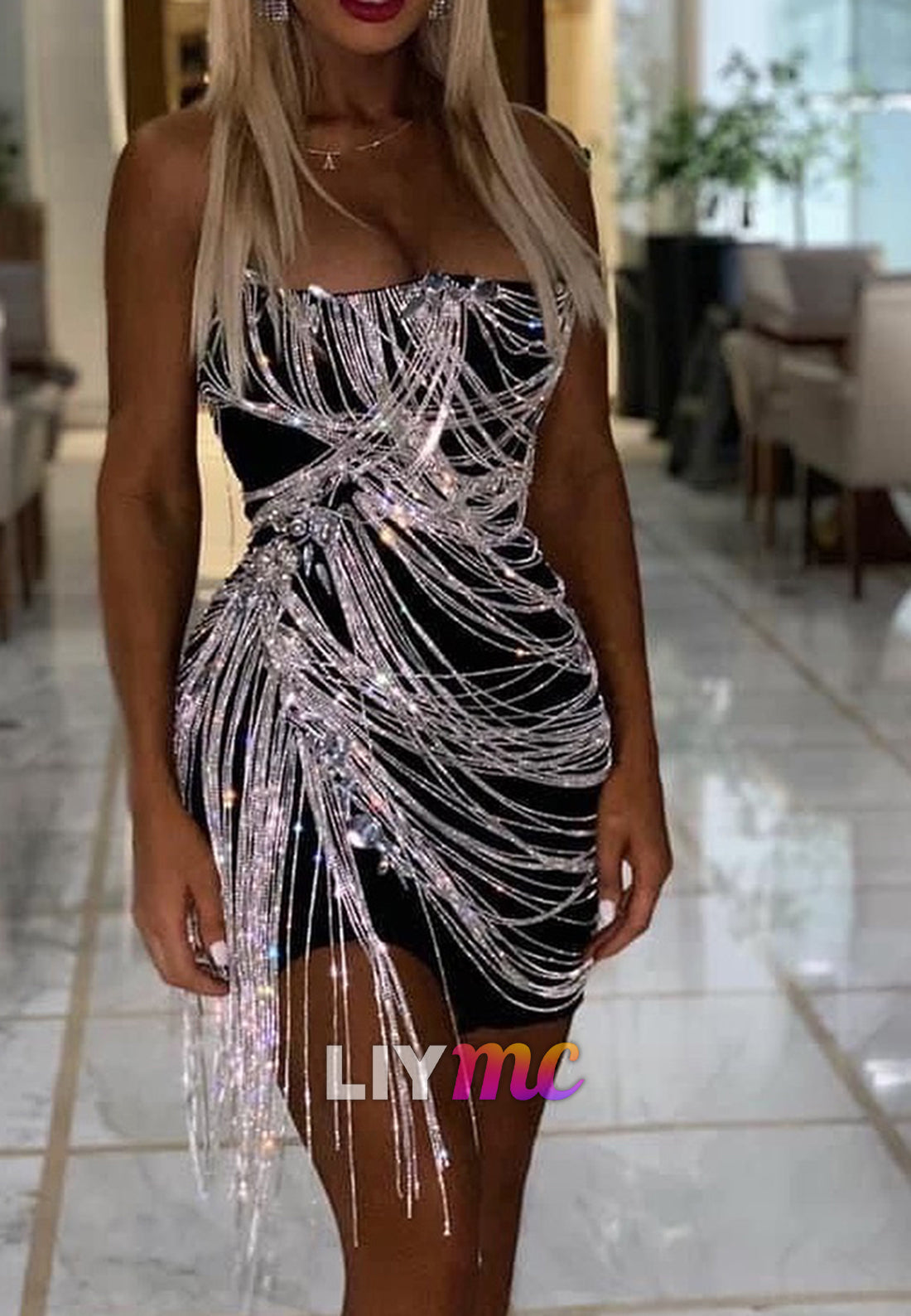 Off-Shoulder Beaded Fringe Sparkly Sheath Party Homecoming Dress