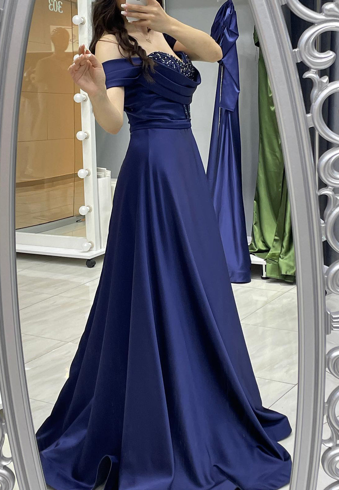 Off-Shoulder Beaded Pleated A-Line Formal Dress