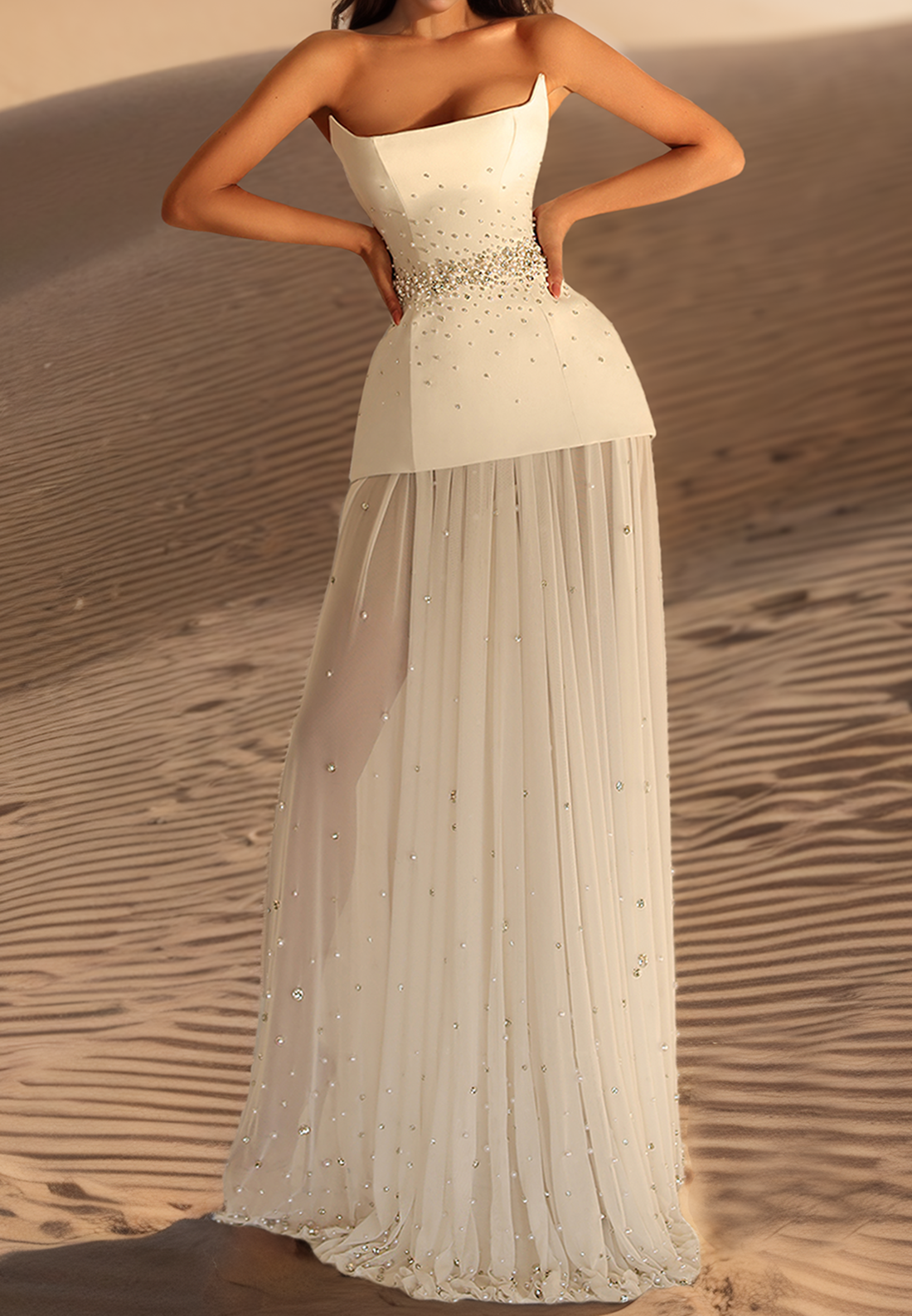 Off-Shoulder Beaded Pleated Long A-Line Beach Wedding Dress