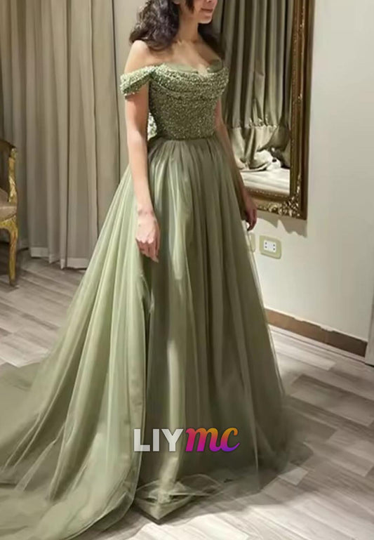 Off-Shoulder Beaded Pleated Tulle A-Line Prom Dress