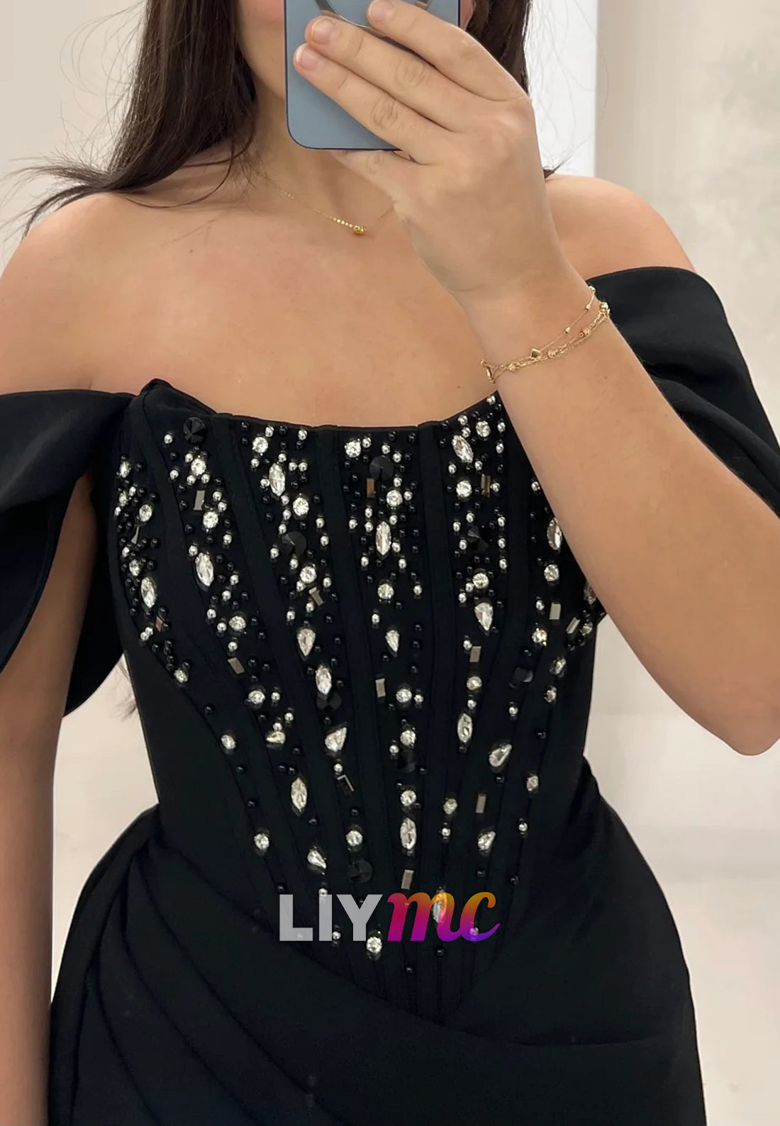 Off-Shoulder Beaded Ruched Sheath Formal Dress