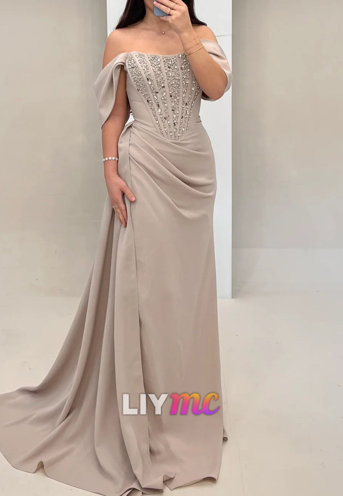 Off-Shoulder Beaded Ruched Sheath Formal Dress