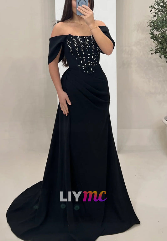 Off-Shoulder Beaded Ruched Sheath Formal Dress