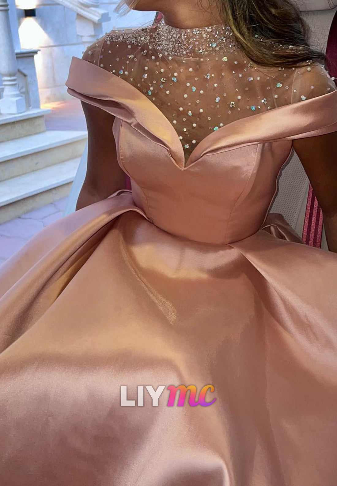 Off-Shoulder Beaded Satin A-Line Sparkly Prom Dress