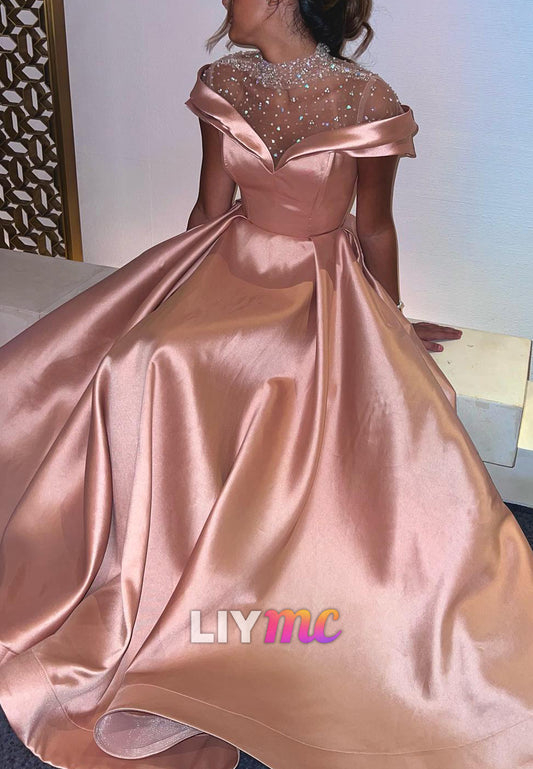Off-Shoulder Beaded Satin A-Line Sparkly Prom Dress