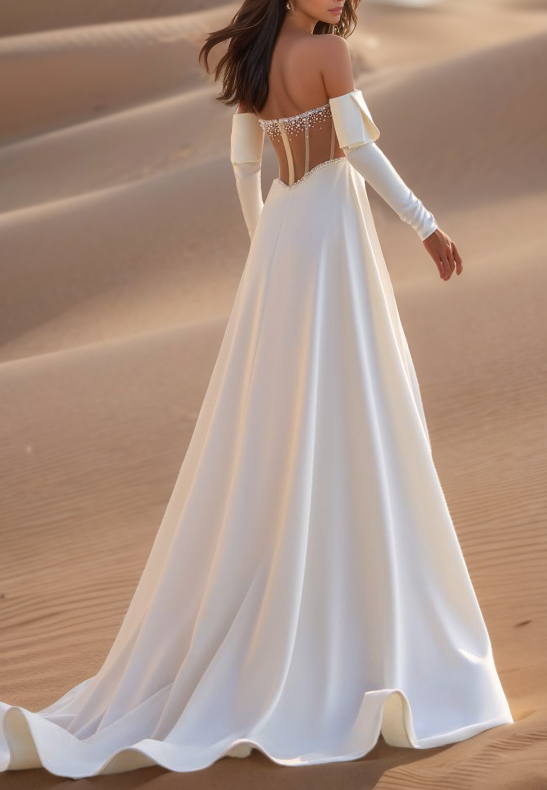 Off-Shoulder Beaded Sleeveless High Slit Pleated A-Line Beach Wedding Dress